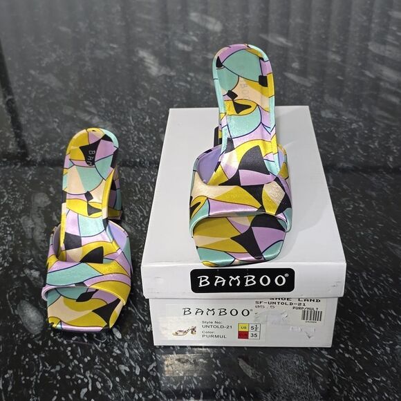 BRAND NEW BAMBOO UNTOLD 21 1960s STAINED GLASS SQUARE TOE MULE HEELS SANDAL - Picture 14 of 16